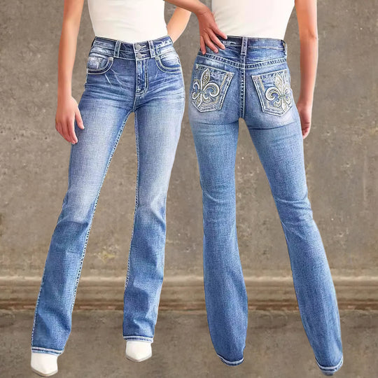 Damen Flared Jeans im Vintage-Stil mit hochgradigem Detail und raffinierten Stickereien R&B