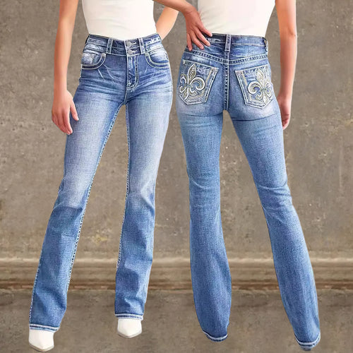 Damen Flared Jeans im Vintage-Stil mit hochgradigem Detail und raffinierten Stickereien R&B