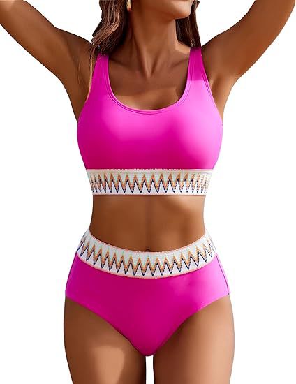 Damen Hochgeschnittener Sport-Bikini mit farbigem Bund R&B