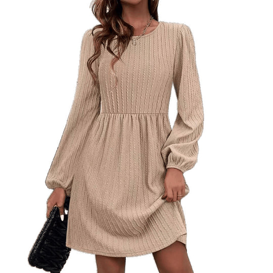 Damen Rippstrick A-Linien Kleid mit Puffärmeln R&B