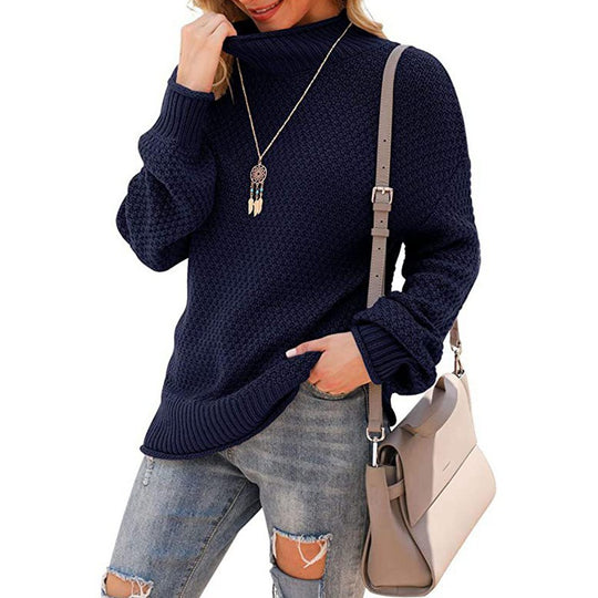 Damen Grobstrickpullover mit hohem Kragen und bequemen Ärmeln R&B