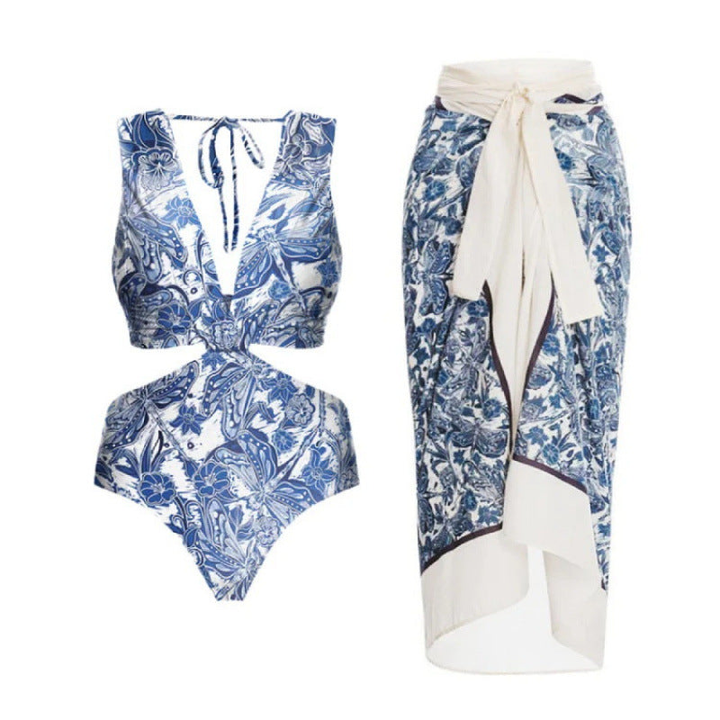 Damen Badeanzug-Set mit elegantem Wickelrock und modischem Floral-Design R&B