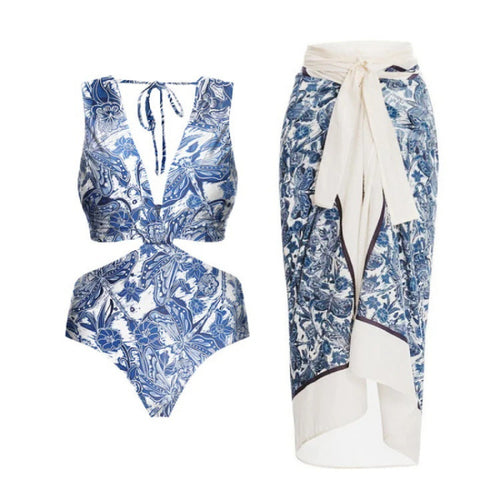 Damen Badeanzug-Set mit elegantem Wickelrock und modischem Floral-Design R&B