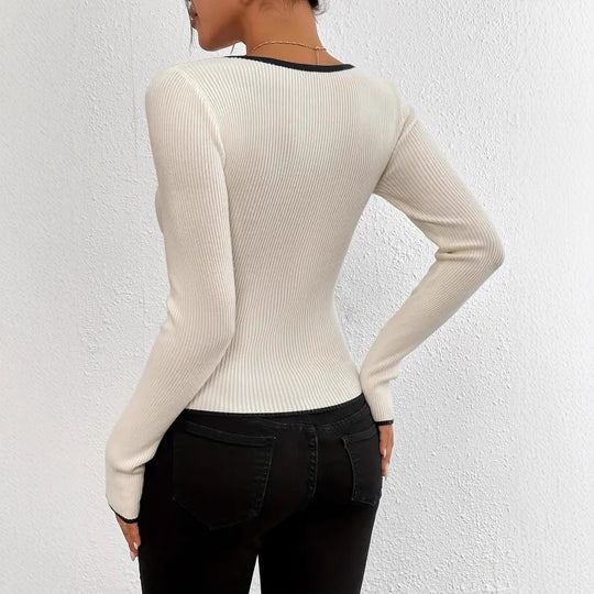 Damen Langarm Body mit V-Ausschnitt und feinen Rippdetails R&B