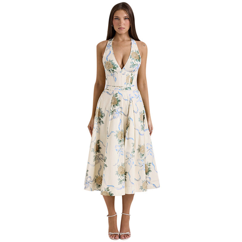 Damen Elegantes Blumen-Midikleid mit tiefem V-Ausschnitt R&B