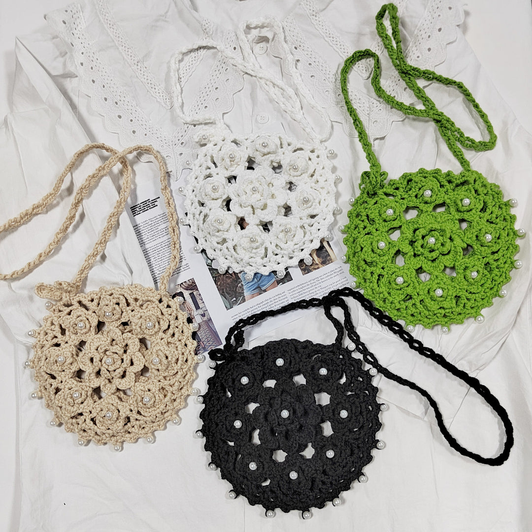 Damen handgefertigte Häkel-Handtasche mit Perlenschmuck R&B