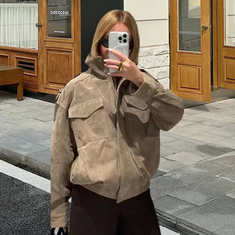 Damen Modische Oversized-Wildlederjacke mit praktischen Taschen und hohem Kragen R&B