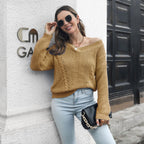 Damen Grobstrickpullover mit tiefem V-Ausschnitt und modernem Zopfmuster R&B