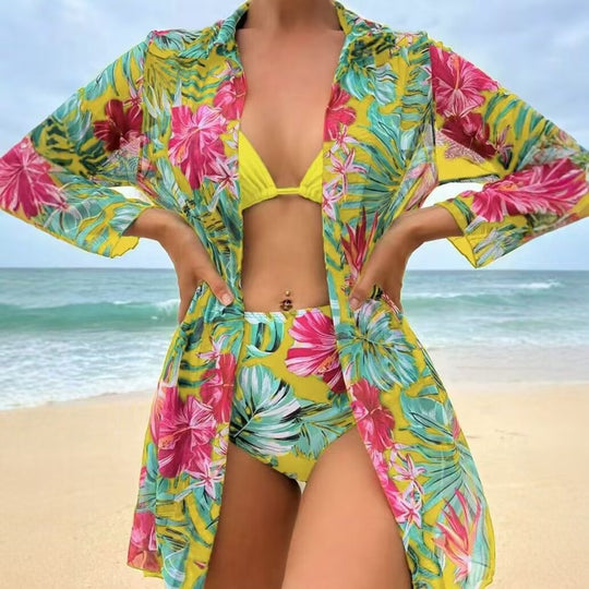 Damen Bikiniset mit floralem Muster und transparenter Strandüberwurf R&B