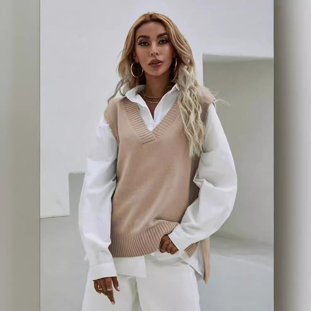 Damen Strickweste mit V-Ausschnitt und breitem Rippdesign