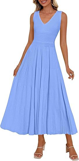 Damen Plisseekleid mit V-Ausschnitt und weitem Saum R&B