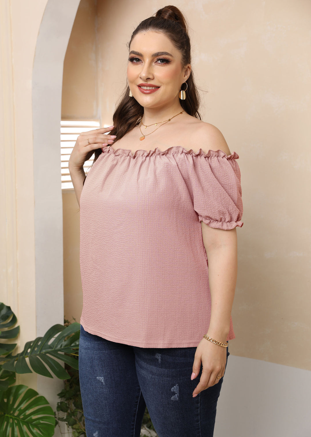 Damen Off-Shoulder Oberteil mit Volant R&B
