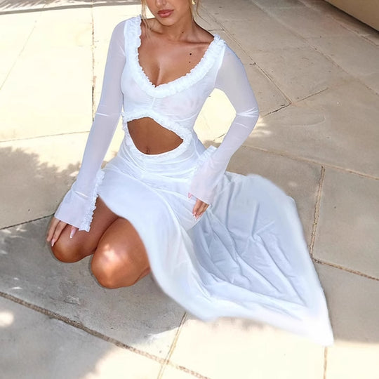 Damen Elegantes Off-Shoulder Maxikleid mit raffinierten Cut-Out-Details und schwingendem Saum R&B