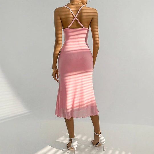 Damen Maxikleid mit zarten Spaghettiträgern und transparentem Saum R&B