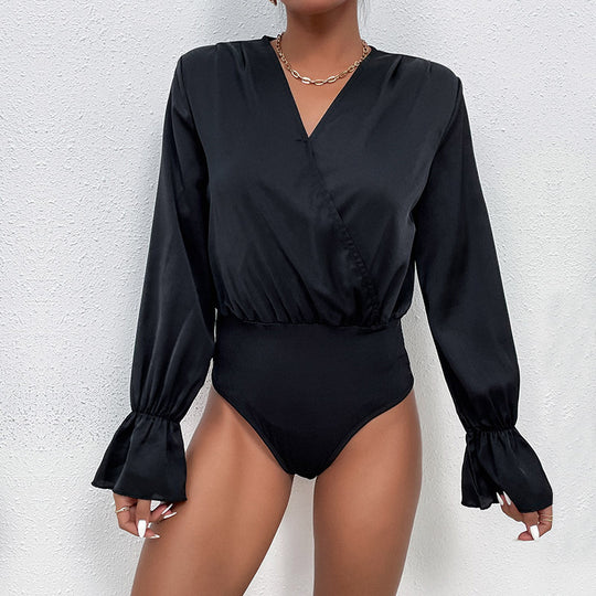 Damen Elegantes Langarmbody mit Wickeloptik und Volantärmeln R&B