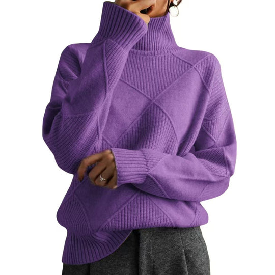 Damen hochwertiger Strickpullover mit stehendem Kragen und extravagantem Rautenmuster R&B