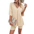 Damen Bequemes T-Shirt und Radlerhose Set R&B