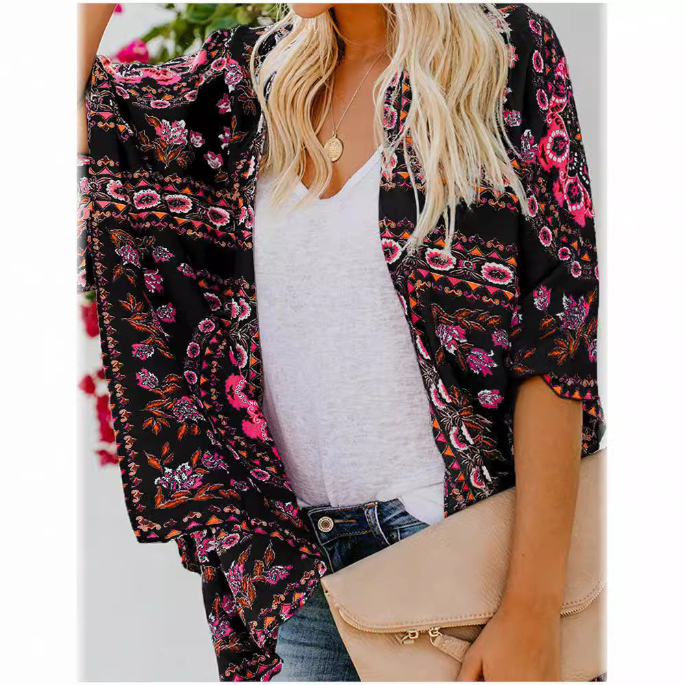 Damen luftiger Kimono mit floralem Muster und weitem Schnitt R&B
