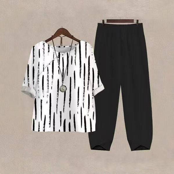 Damen nan legeres Freizeit-Set mit gemustertem Oversize-Shirt und konisch zulaufender Komforthose R&B