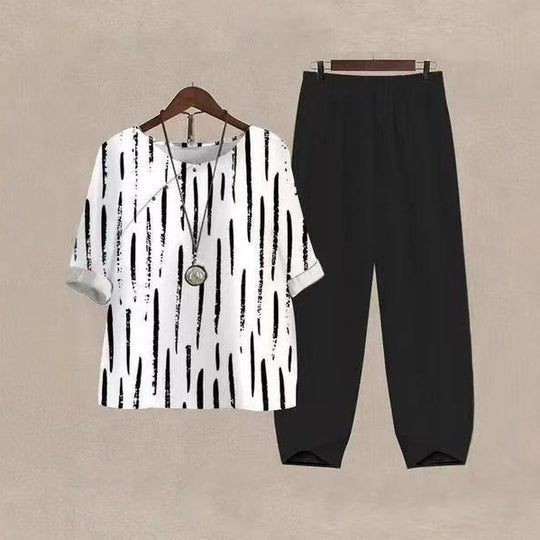 Damen nan legeres Freizeit-Set mit gemustertem Oversize-Shirt und konisch zulaufender Komforthose R&B