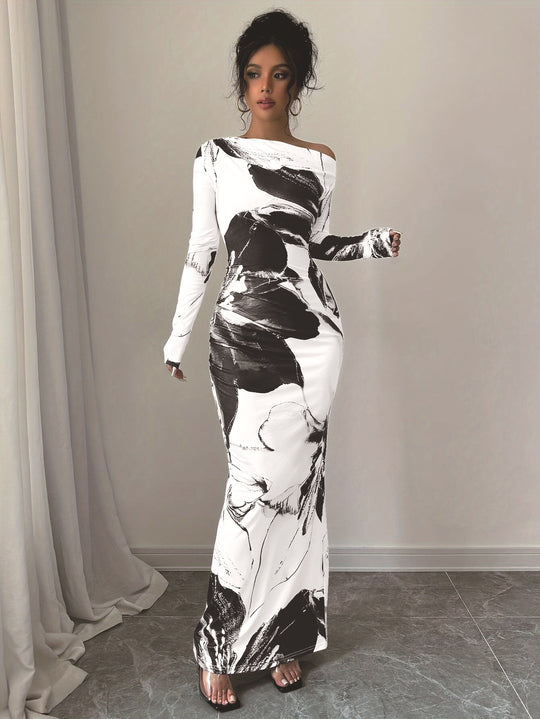 Damen Elegantes Maxikleid mit asymmetrischem Design und modernem Druck R&B