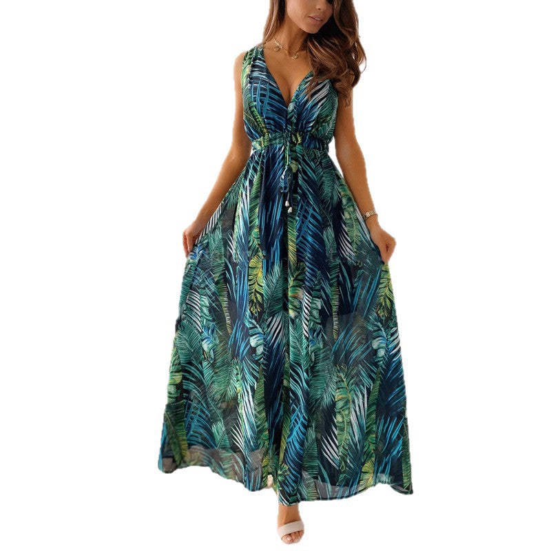 Damen Maxikleid mit floralem Druck und tiefer V-Ausschnitt R&B