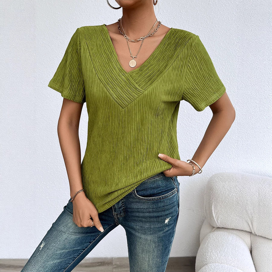Damen lässiges V-Ausschnitt Shirt mit fließendem Design und kurzen Ärmeln R&B