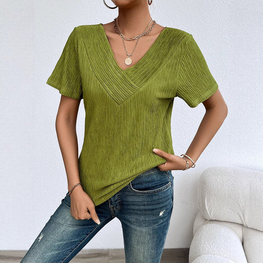 Damen lässiges V-Ausschnitt Shirt mit fließendem Design und kurzen Ärmeln R&B
