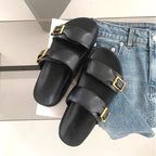 Damen modische Sandalen mit doppeltem Riemendesign und goldenen Schnallen R&B