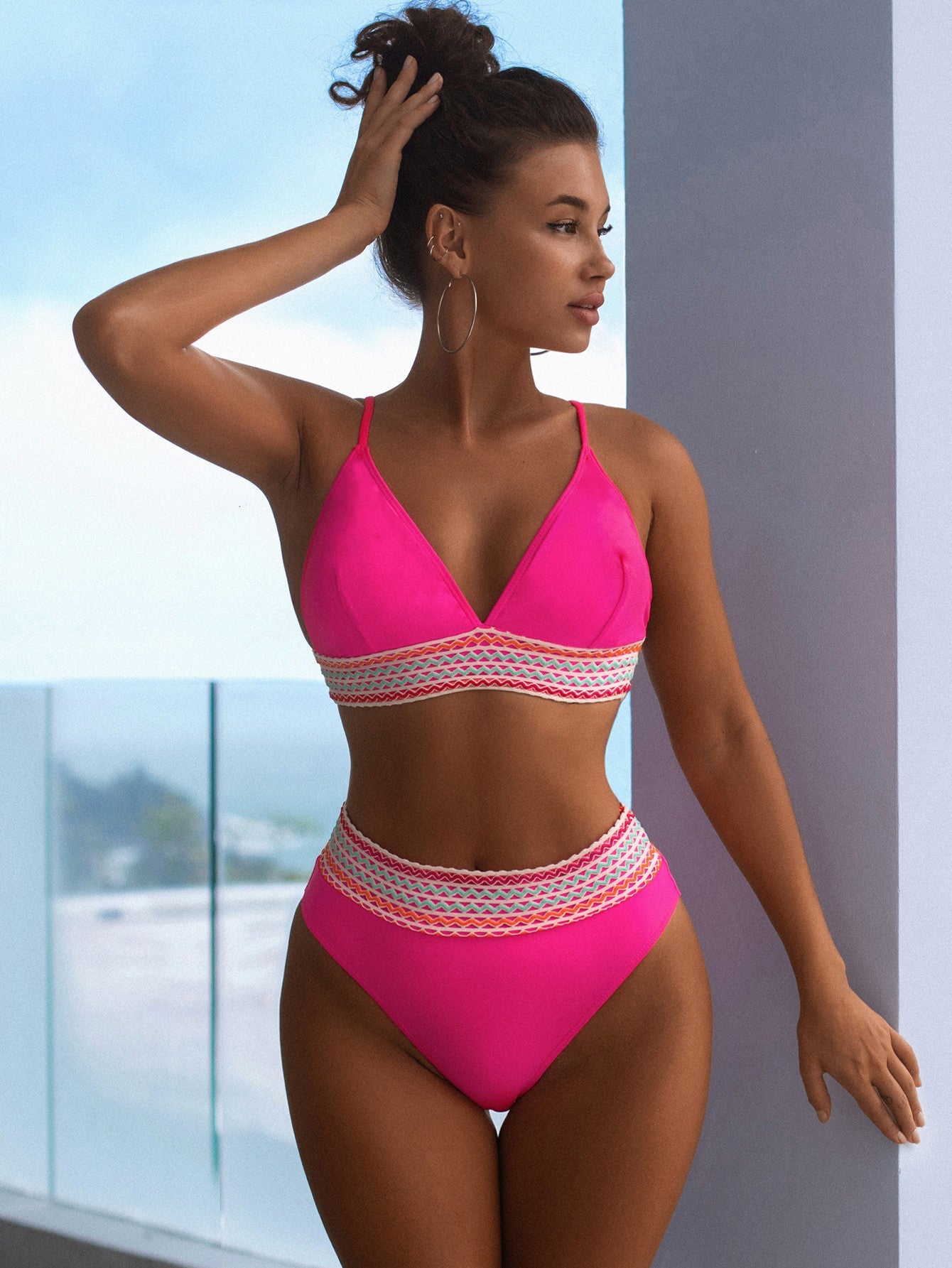 Damen Hochtailliertes Bikini-Set mit gestreiftem Bund