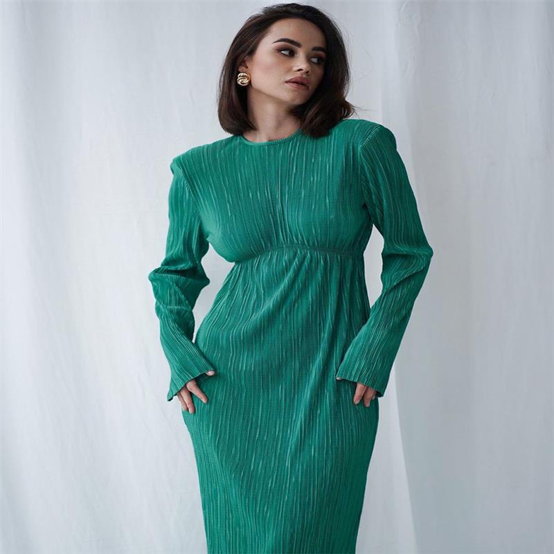 Damen Elegantes Maxikleid mit strukturierten Falten und langen Ärmeln R&B