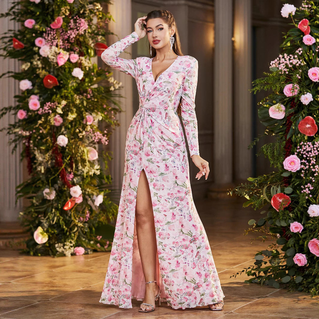 Damen Florales Maxikleid mit ärmellosem Design und hohem Schlitz R&B