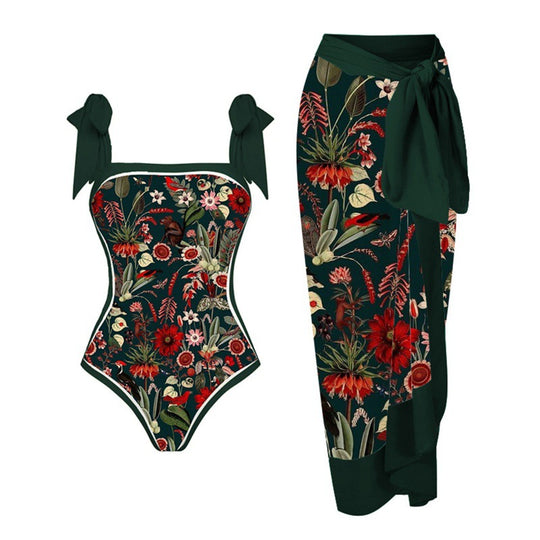 Damen Einteiler Badeanzug mit elegantem Wickelrock und modischen Riemen R&B