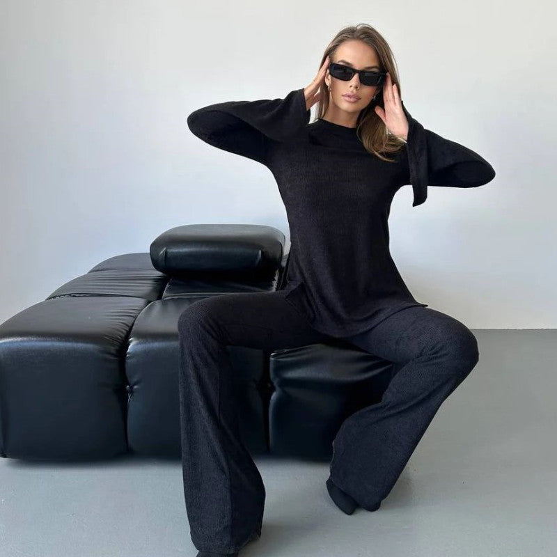 Damen lässiges Strickoberteil und Flared Hose Set R&B