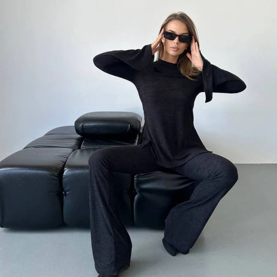 Damen lässiges Strickoberteil und Flared Hose Set R&B