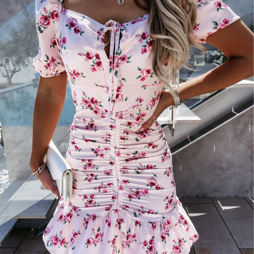 Damen Floral Print Raffung Mini Kleid R&B