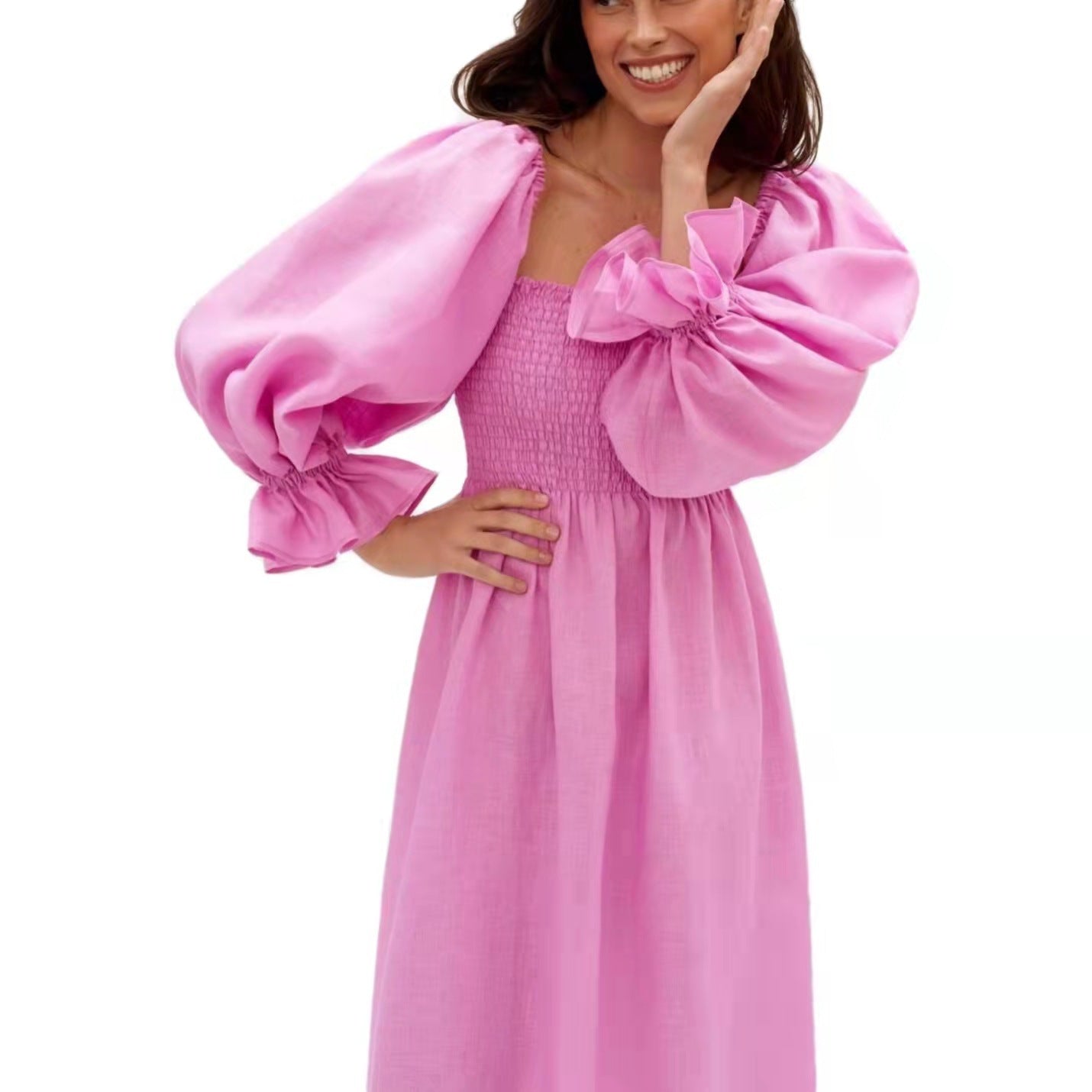 Damen Maxikleid mit Puffärmeln und elastischem Taillenbund R&B