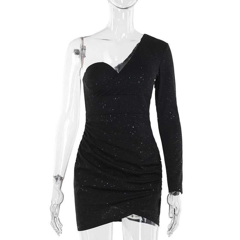 Damen Off-Shoulder Minikleid mit asymmetrischem Schnitt und glitzernden Akzenten R&B