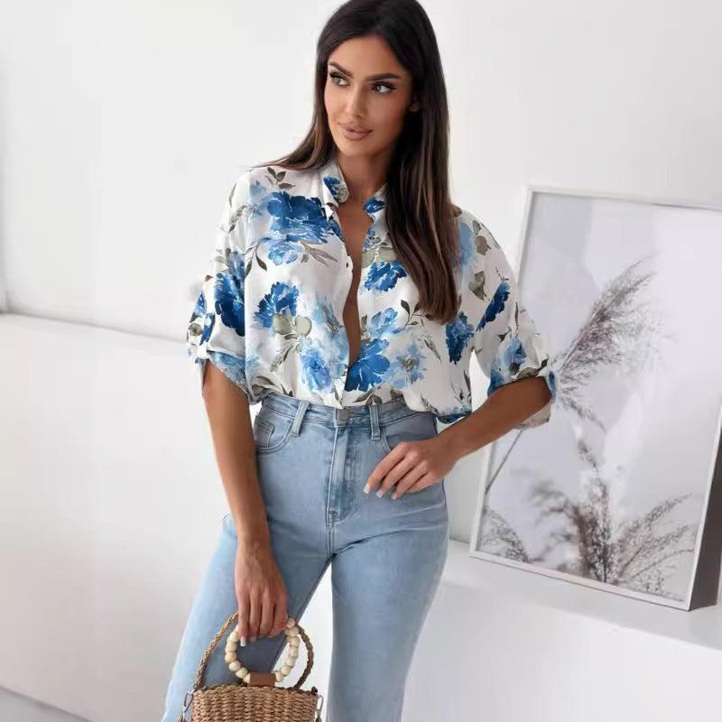 Damen Blumige Oversized Hemdbluse mit kurzen Ärmeln R&B