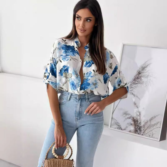Damen Blumige Oversized Hemdbluse mit kurzen Ärmeln R&B