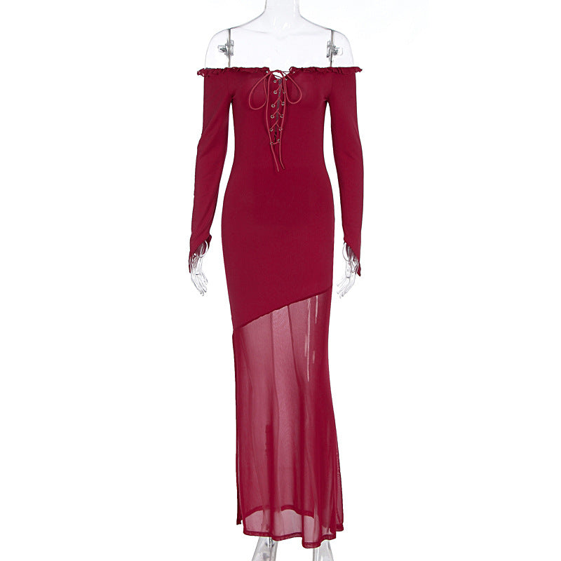 Damen figurbetontes Maxikleid mit Off-Shoulder Design und transparentem Rock R&B