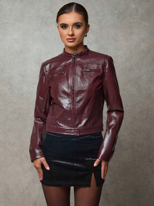 Damen Kurze Kunstlederjacke mit asymmetrischem Schnitt R&B