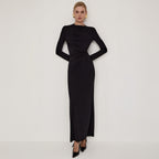 Damen figurbetontes Maxikleid mit eleganten Drapierungen und langem Arm R&B
