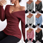 Damen Eleganter und lockerer Pullover mit tiefem V-Ausschnitt und langen Ärmeln R&B