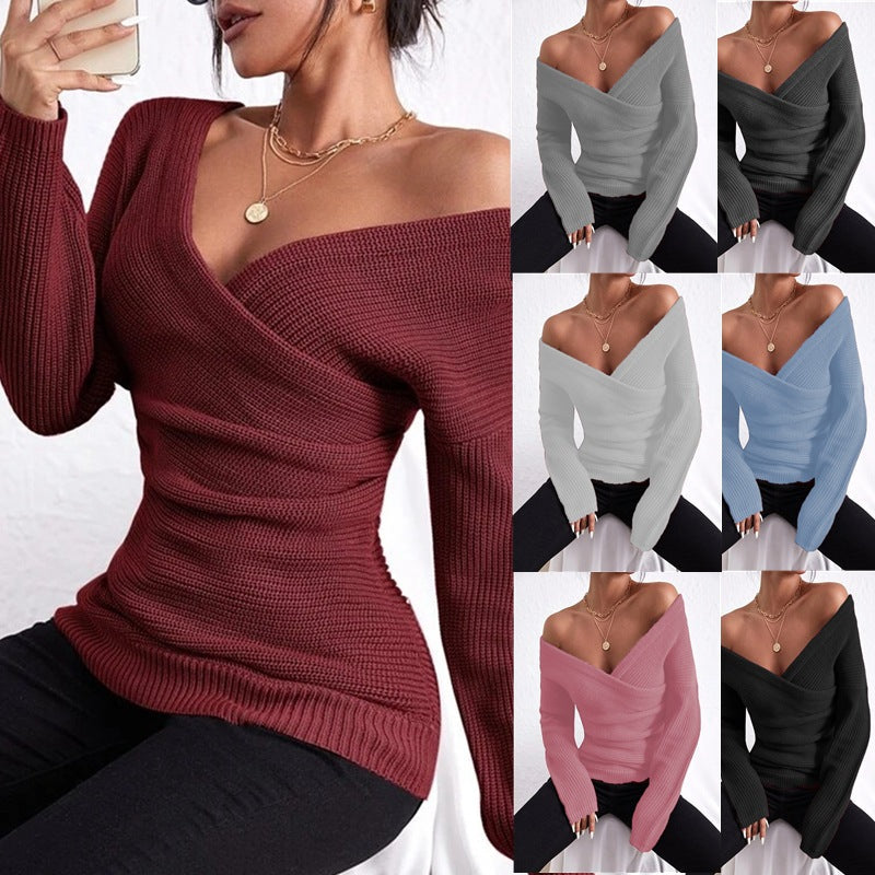 Damen Eleganter und lockerer Pullover mit tiefem V-Ausschnitt und langen Ärmeln R&B