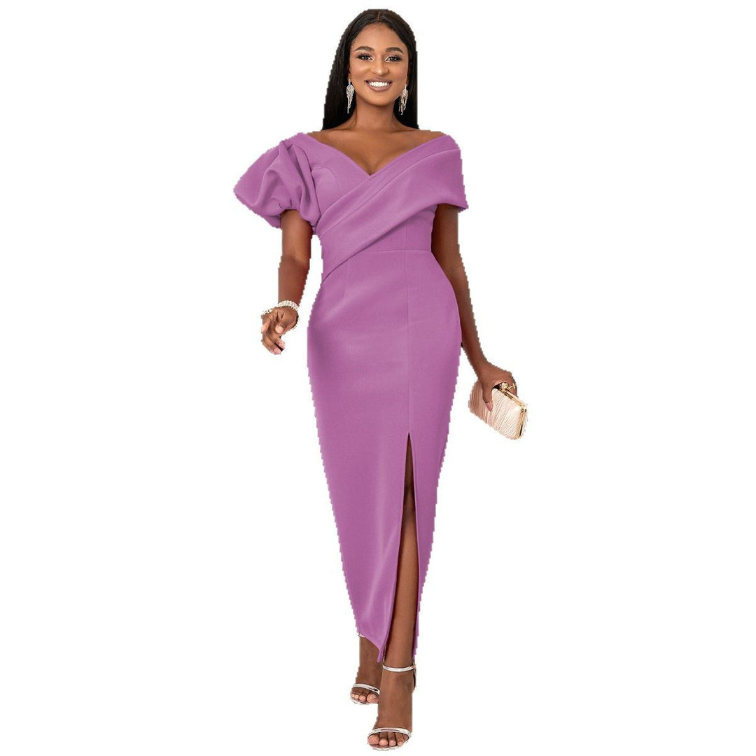 Damen Elegantes, figurbetontes Abendkleid mit asymmetrischem Ausschnitt und Puffärmeln R&B