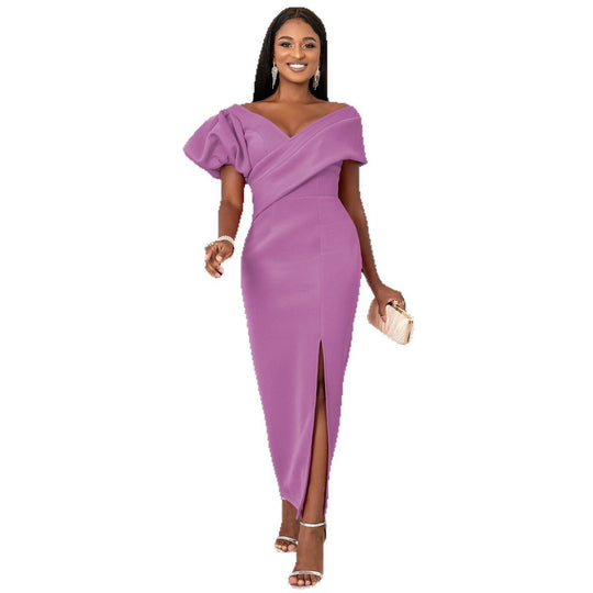 Damen Elegantes, figurbetontes Abendkleid mit asymmetrischem Ausschnitt und Puffärmeln R&B