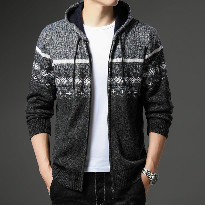 Herren gemusterte Strickjacke mit Kapuze und komfortablem Schnitt