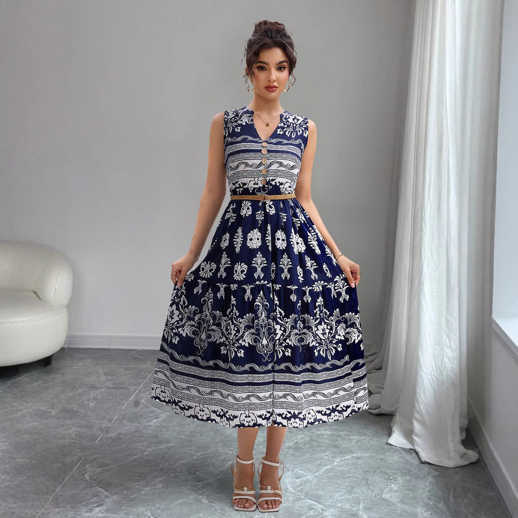 Damen Maxikleid mit elegantem V-Ausschnitt und grafischem Muster R&B