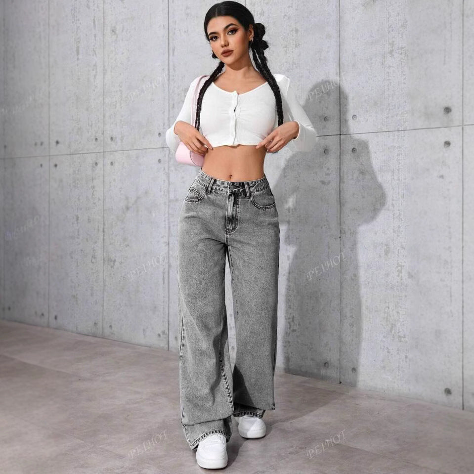 Damen Weit geschnittene Jeans mit kräftigen Kontrastnähten und verspielt gestickten Taschen R&B